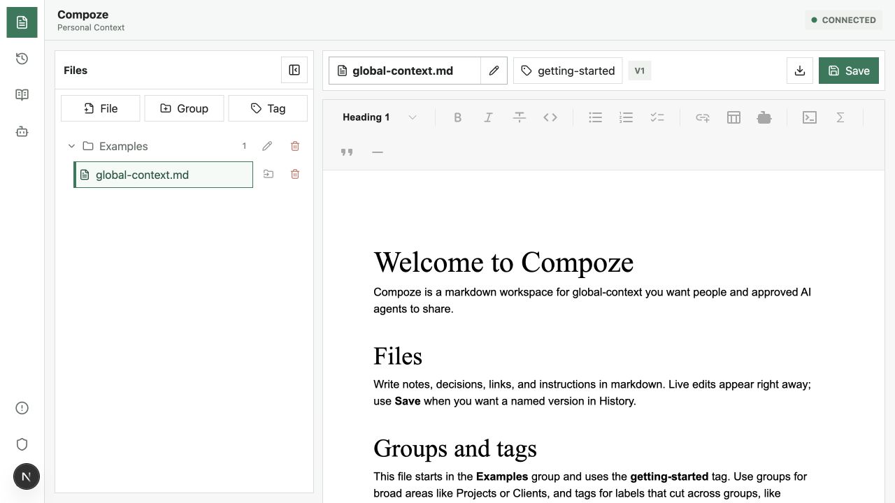 Compoze rendered Markdown editor with formatting controls.