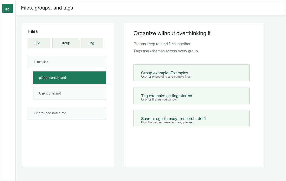 Compoze file sidebar showing files organized by groups and tags.